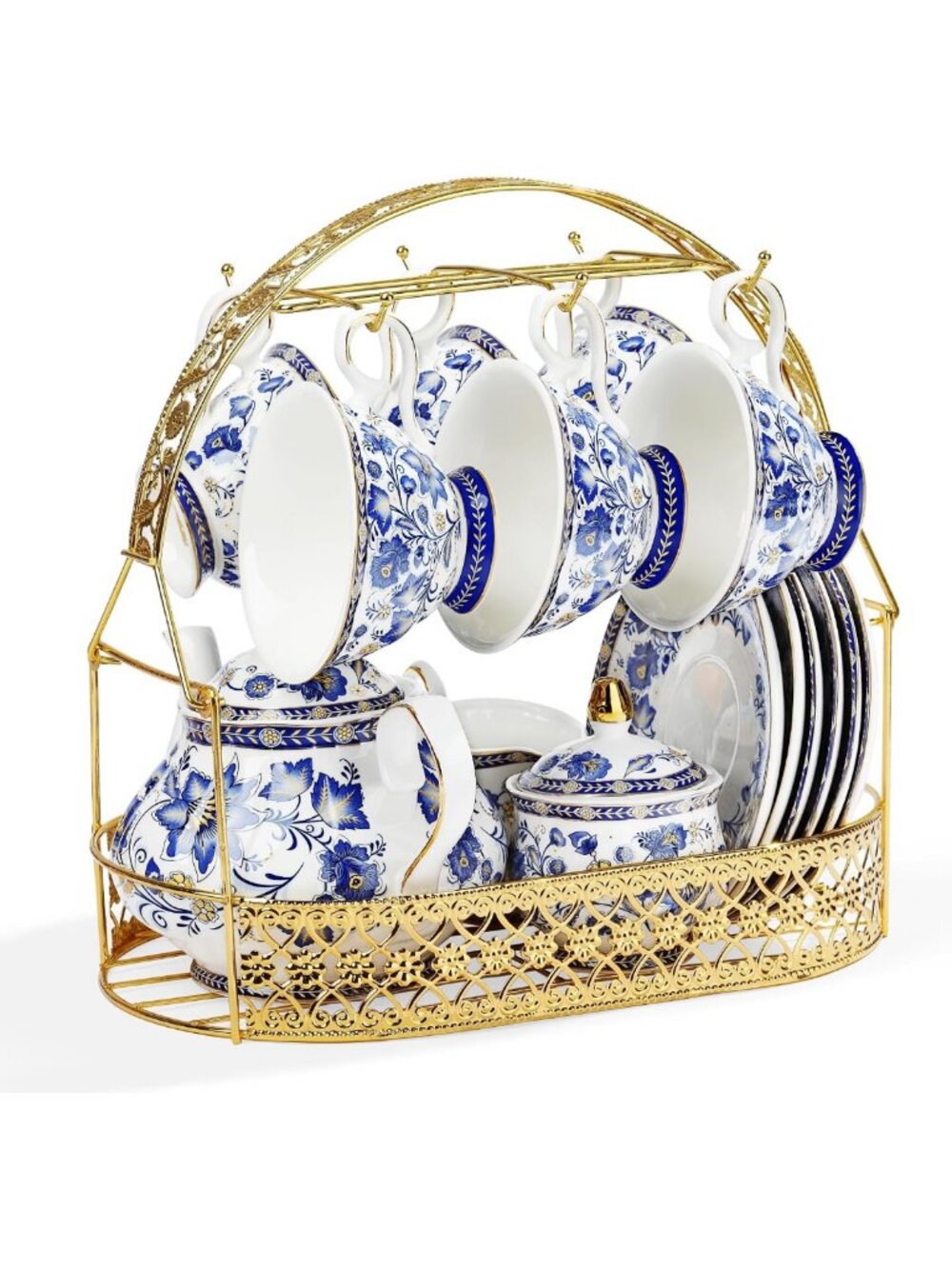 Elegant Blue Porcelain Tea Set for 6 - Coffee Cups, Teapot, Sugar Bowl & Rack